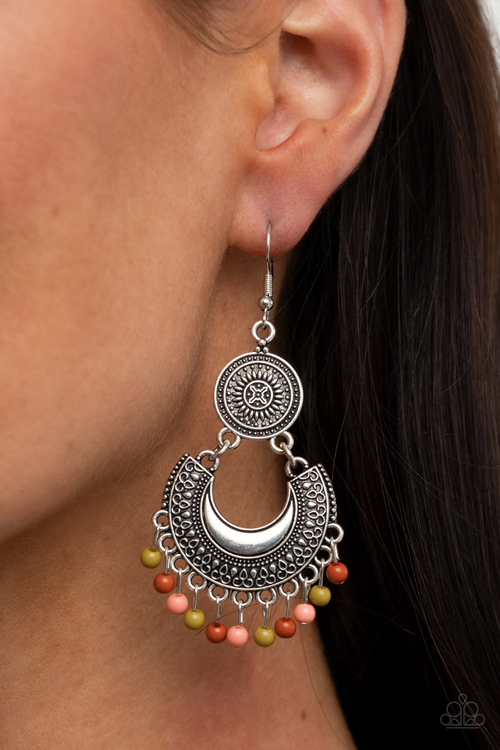 YES I CANCUN - MULTI GREEN TAN ORANGE EARTH TONE BOHO SILVER FRINGE EARRINGS