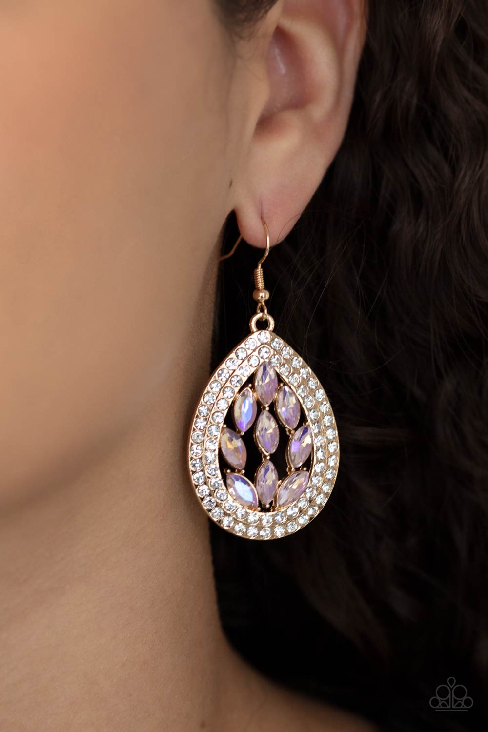 ENCASED ELEGANCE - GOLD IRIDESCENT LAVENDER RHINESTONES TEARDROP EARRINGS