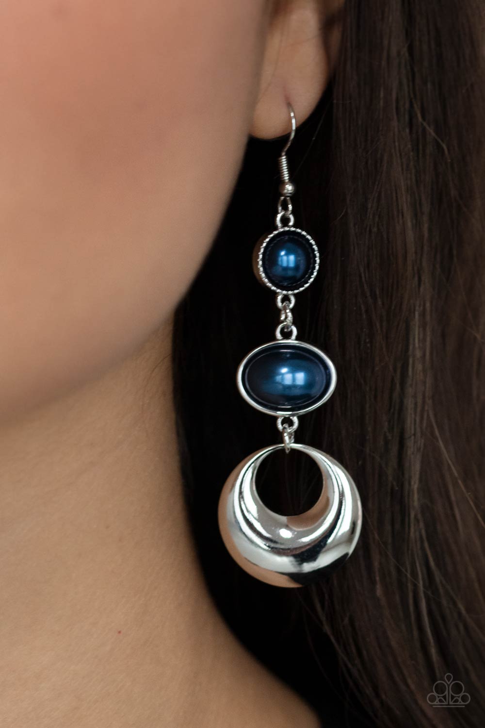 BUBBLING TO THE SURFACE - BLUE OVAL PEARLS POLISHED SILVER CIRCLE EARRINGS