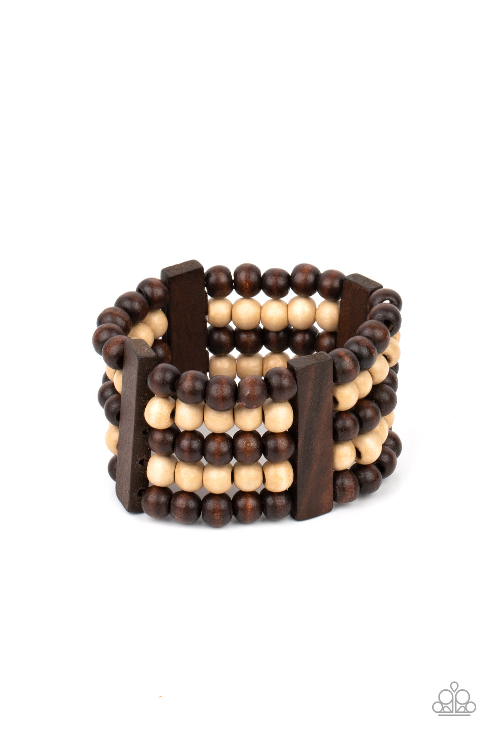 CARIBBEAN CATWALK - BROWN TAN WOODEN BEADS STRETCH BRACELET