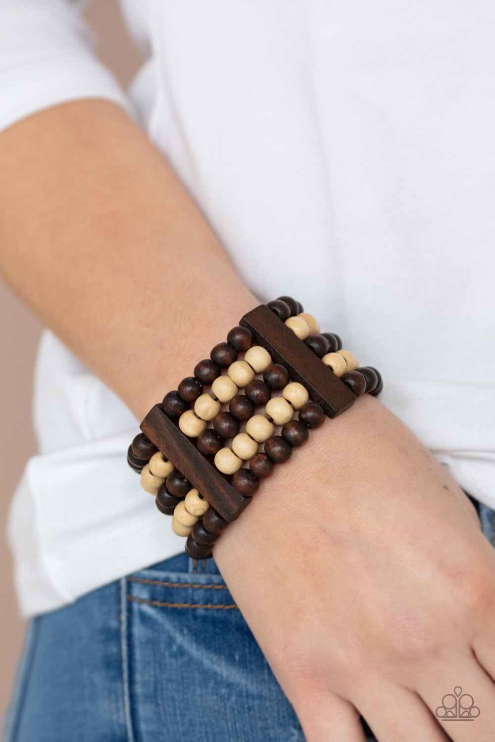 CARIBBEAN CATWALK - BROWN TAN WOODEN BEADS STRETCH BRACELET