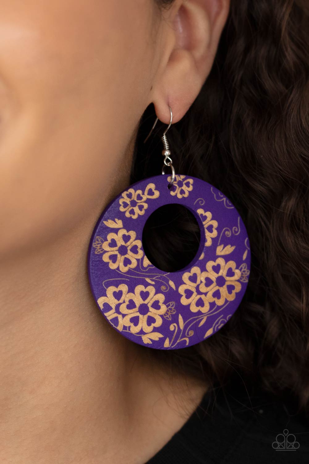 GALAPAGOS GARDEN PARTY - PURPLE FLORAL ETCHED WOODEN HOOP EARRINGS