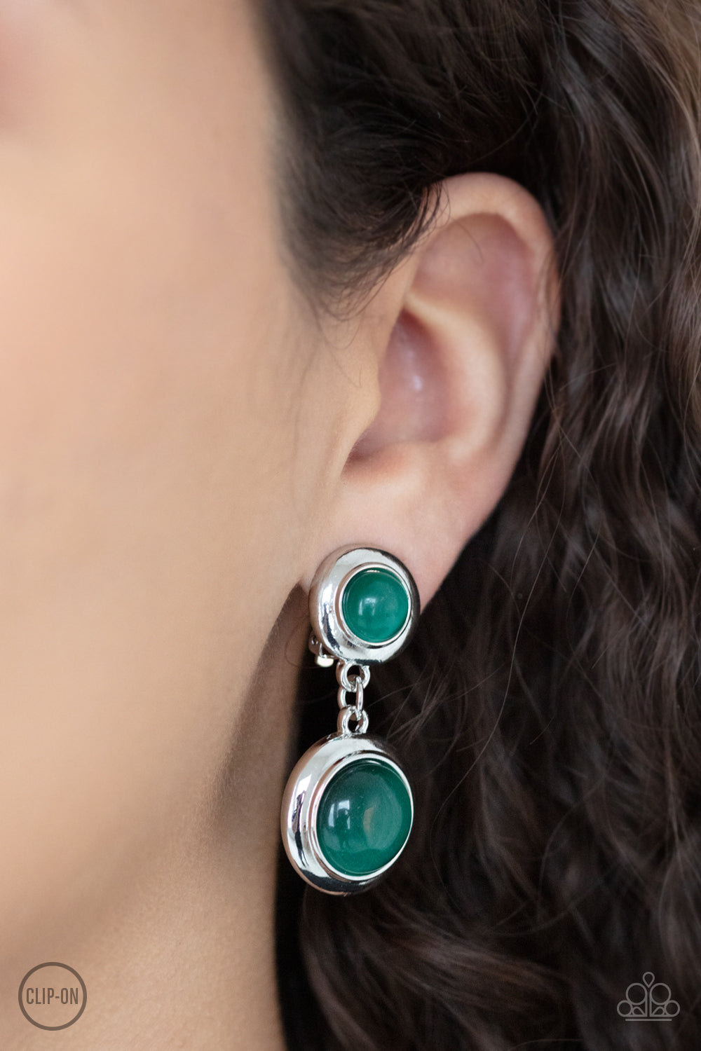 SUBTLE SMOLDER - GREEN MOONSTONE DANGLY CLIP ON EARRINGS
