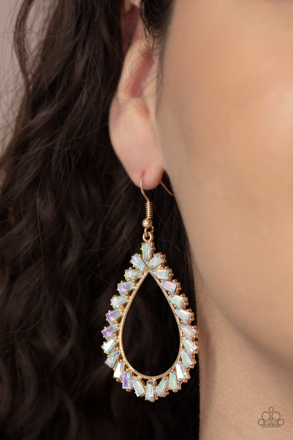 STAY SHARP - GOLD IRIDESCENT RHINESTONES BAGUETTES TEARDROP EARRINGS