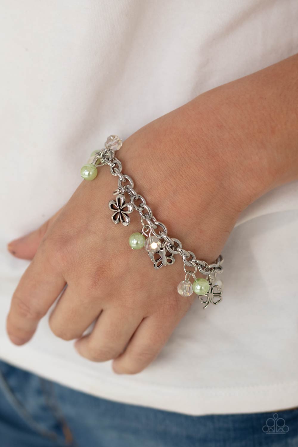 RETREAT INTO ROMANCE - GREEN LIME MINT PEARLS SILVER HEART FLOWERS CHARM BRACELET