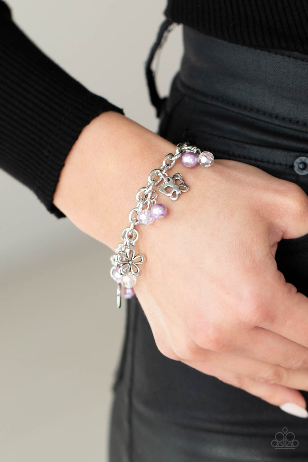 RETREAT INTO ROMANCE - PURPLE LAVENDER PEARLS BUTTEFLIES FLOWER HEART CHARM BRACELET