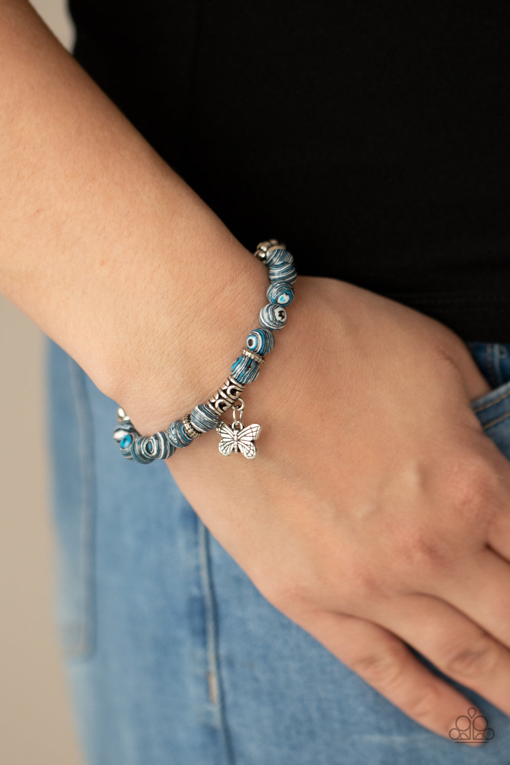 BUTTERFLY WISHES - BLUE STONE SILVER BUTTERFLY CHARM BRACELET