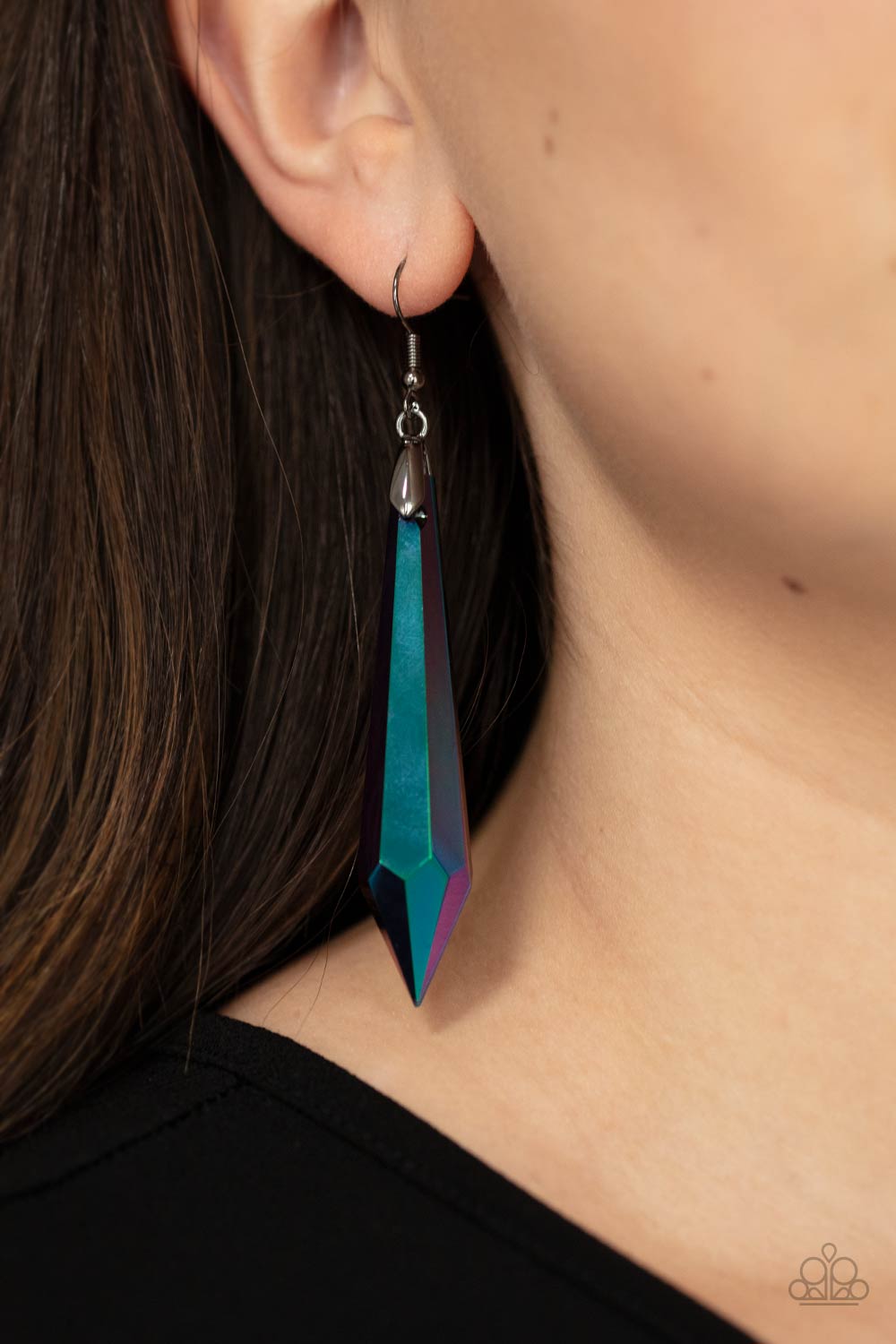 SHARP DRESSED DIVA - MULTI OIL SPILL IRIDESCENT RAINBOW METAL LONG EARRINGS