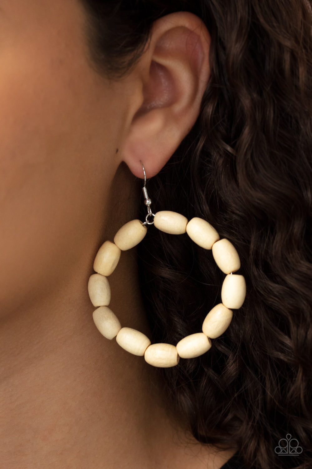 LIVING THE WOOD LIFE - WHITE WOODEN BEADS SILVER WIRE HOOP EARRINGS