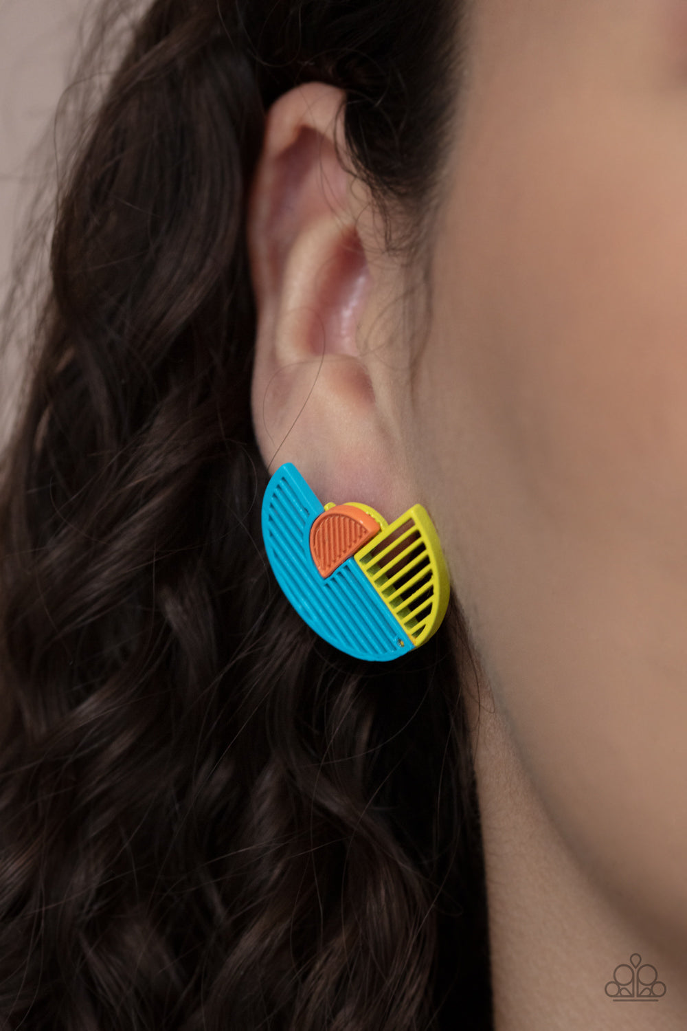 ITS JUST AN EXPRESSION - BLUE YELLOW ORANGE NEON GEOMETRIC MULTI POST EARRINGS