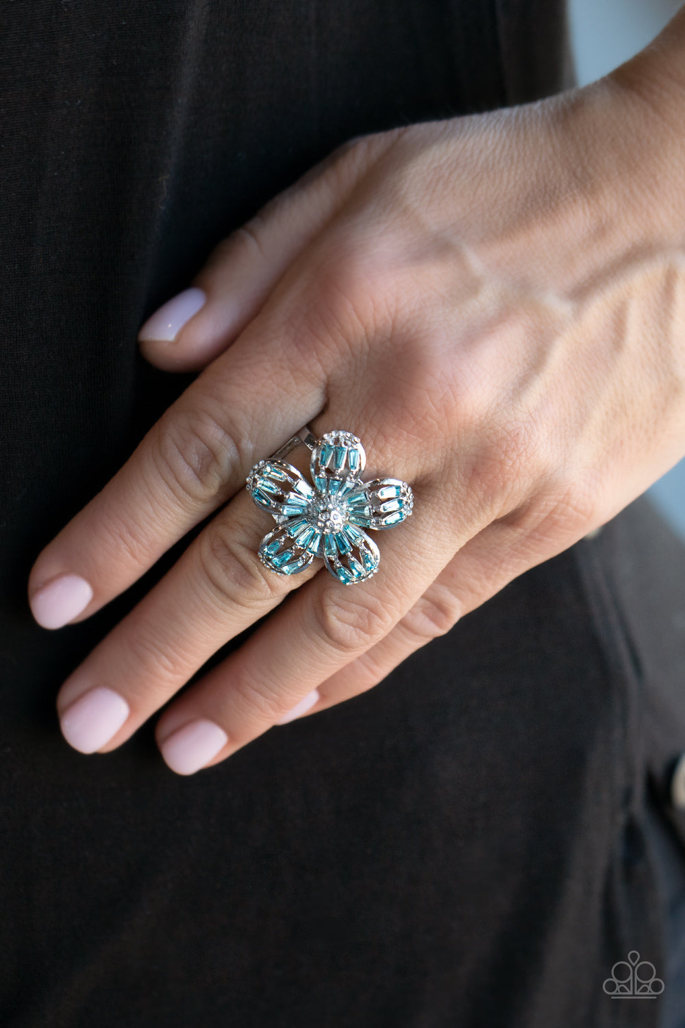 BOTANICAL BALLROOM - BLUE AQUAMARINE RHINESTONES FLORAL RING