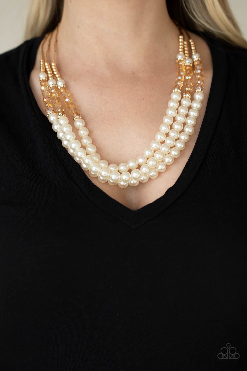 POWERHOUSE PERFECTION - GOLD PEARLS IRIDESCENT CRYSTALS NECKLACE