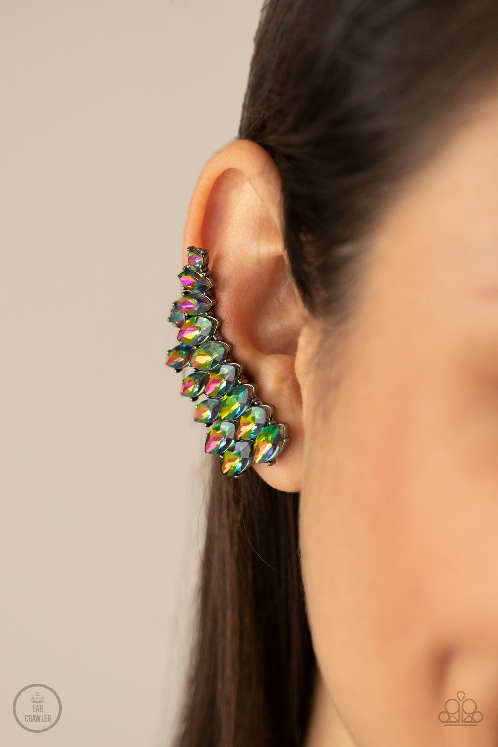 EXPLOSIVE ELEGANCE - MULTI OIL SPILL IRIDESCENT RHINESTONES EAR CRAWLER EARRINGS