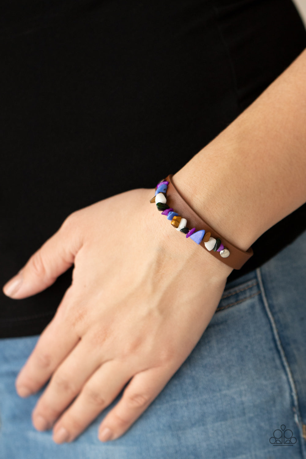 PEBBLE PARADISE - MULTI WHITE BLUE PURPLE ROCKS BROWN LEATHER WRAP BRACELET