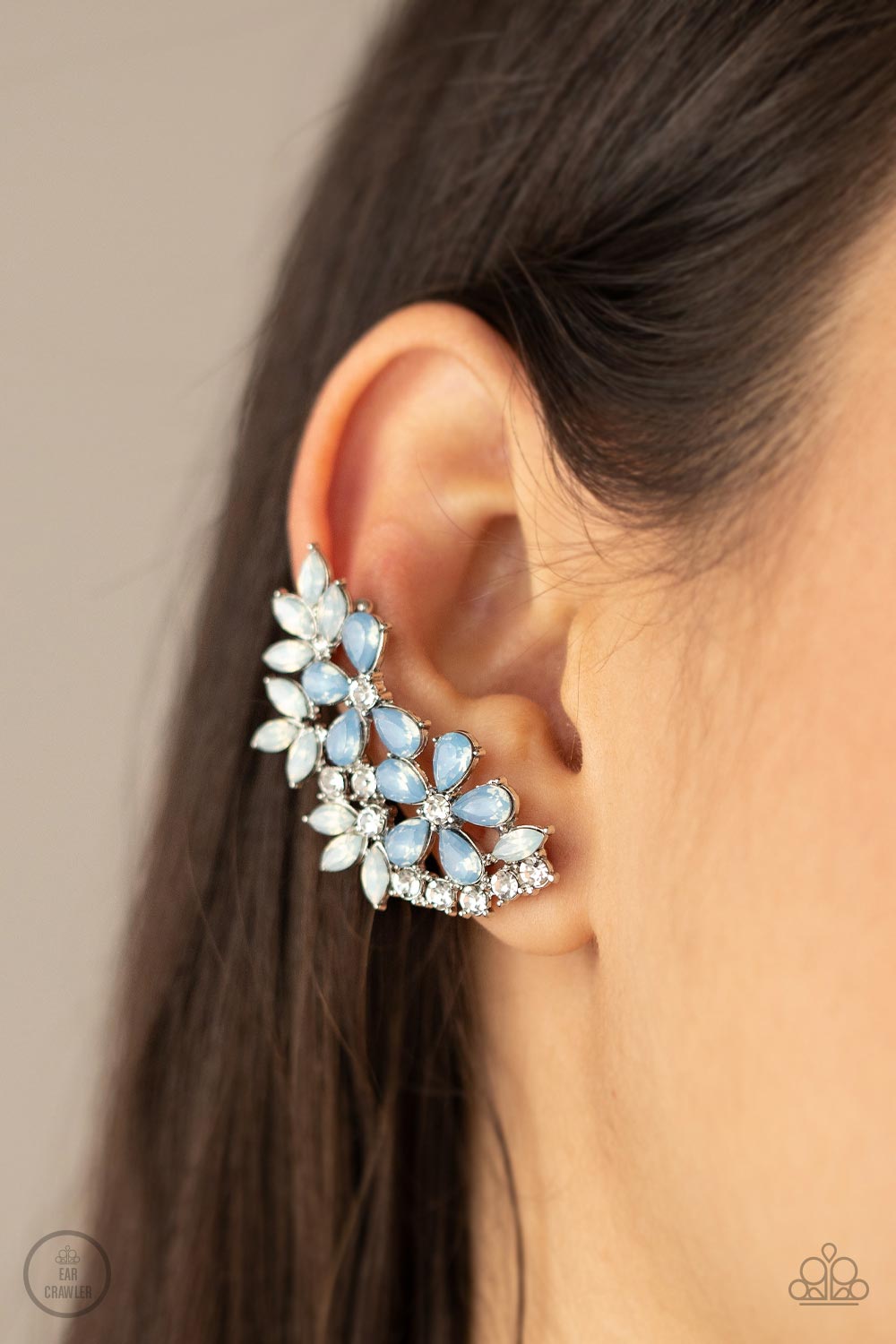 GARDEN PARTY POWERHOUSE - BLUE OPALESCENT RHINESTONES EAR CRAWLER EARRINGS