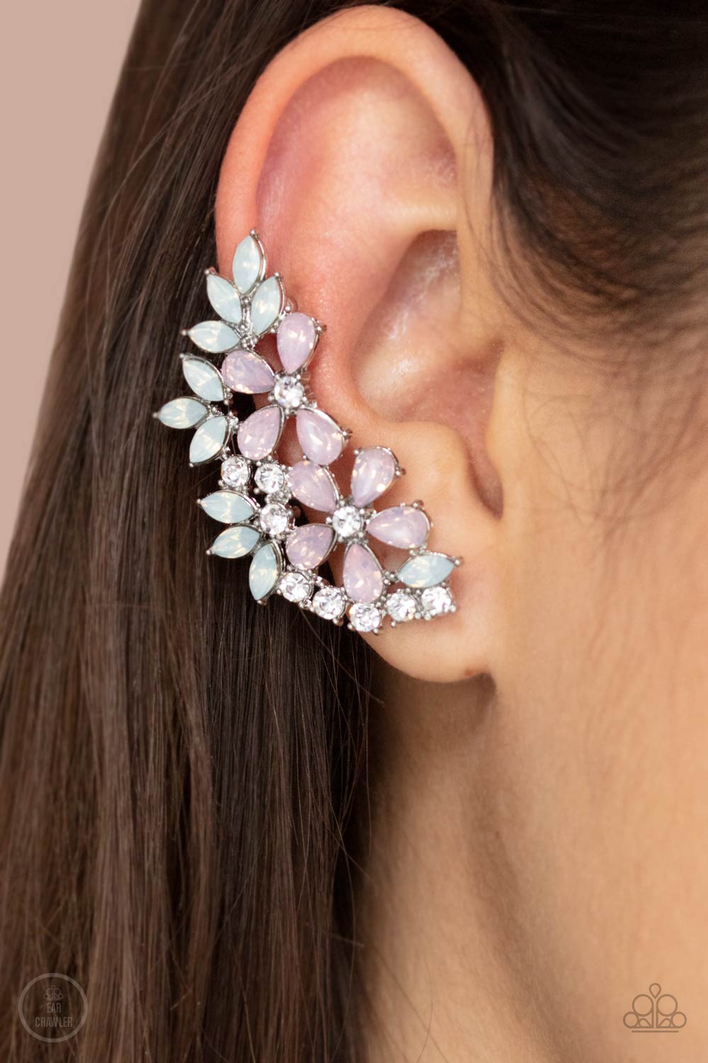 GARDEN PARTY POWERHOUSE - PINK AND BLUE OPALESCENT RHINESTONES EAR CRAWLER EARRINGS
