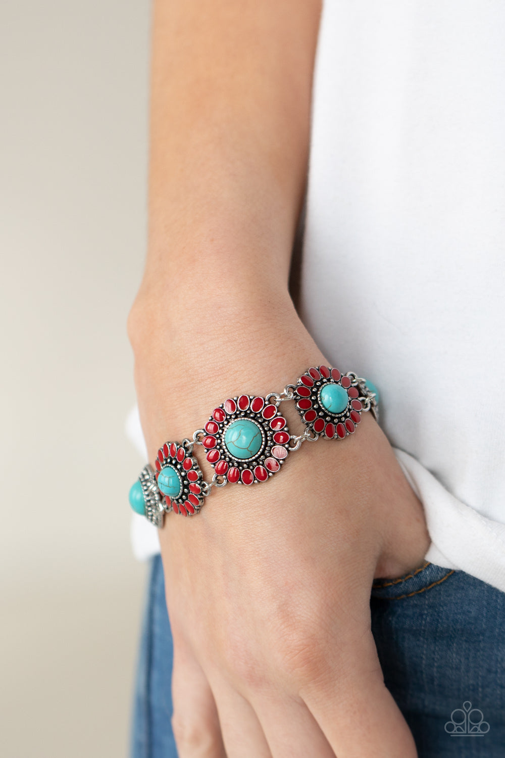 BODACIOUSLY BADLANDS - RED AND TURQUOISE OMBRE FLOWER BRACELET