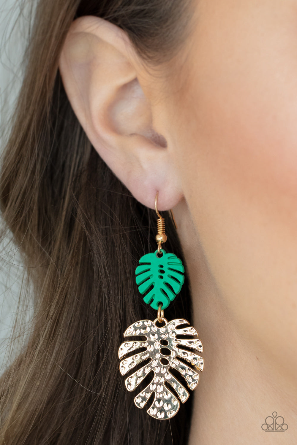 PALM TREE CABANA - GREEN GOLD LEAVES PHILODENDRON TROPICAL PLANT EARRINGS