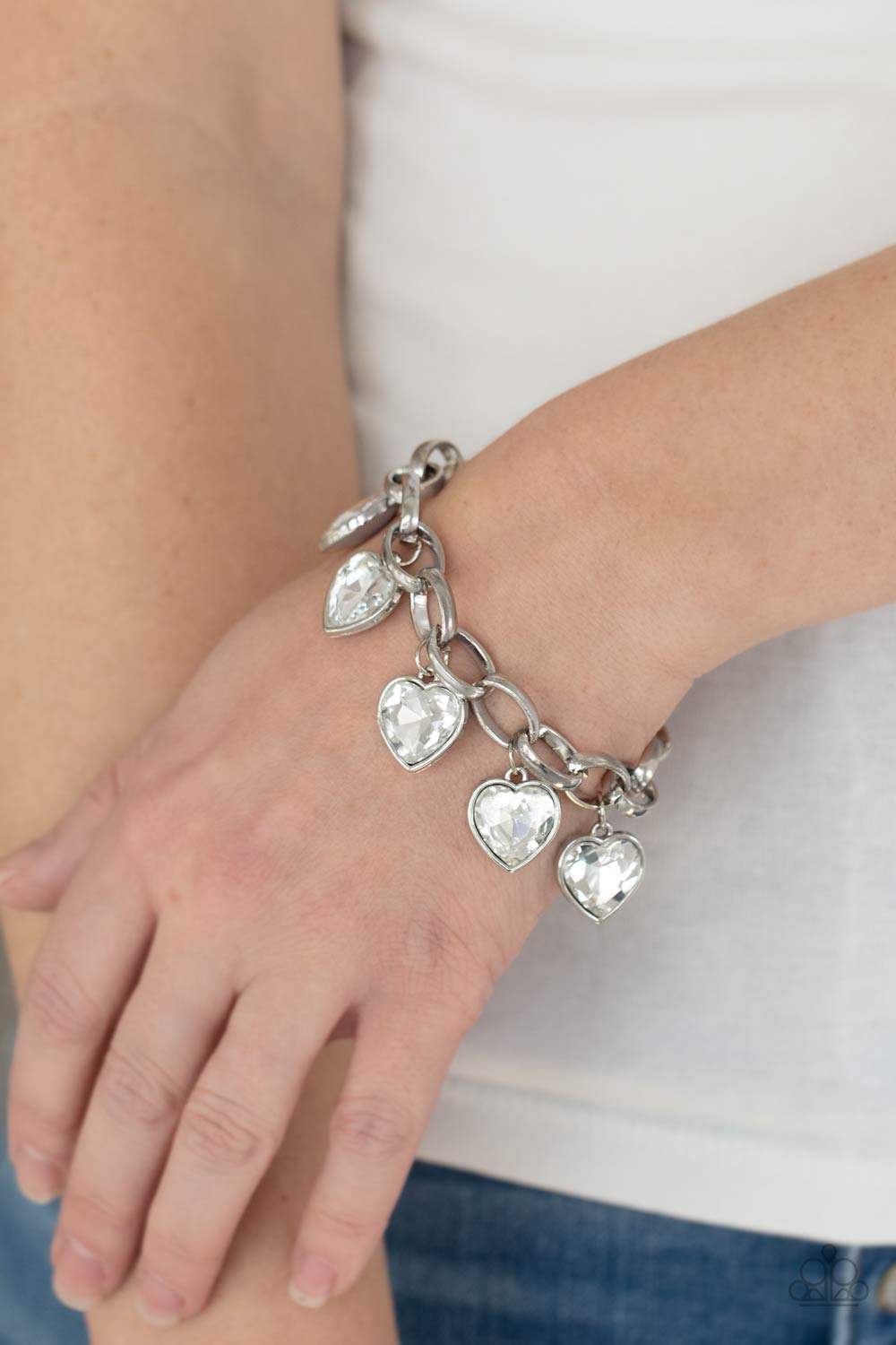 CANDY HEART CHARMER - WHITE RHINESTONE HEARTS CHARM BRACELET
