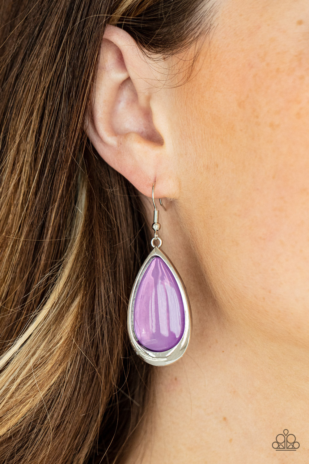 A WORLD TO SEER - PURPLE TEARDROP OPALESCENT BEAD EARRINGS