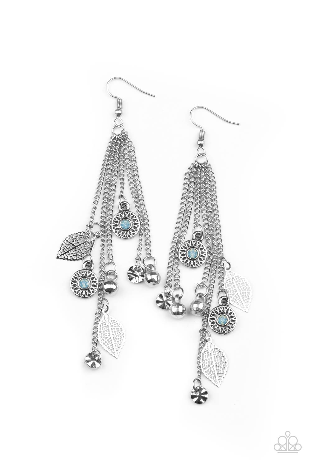 A NATURAL CHARMER - BLUE OPALESCENT SILVER TASSEL LEAVES BEADS EARRINGS