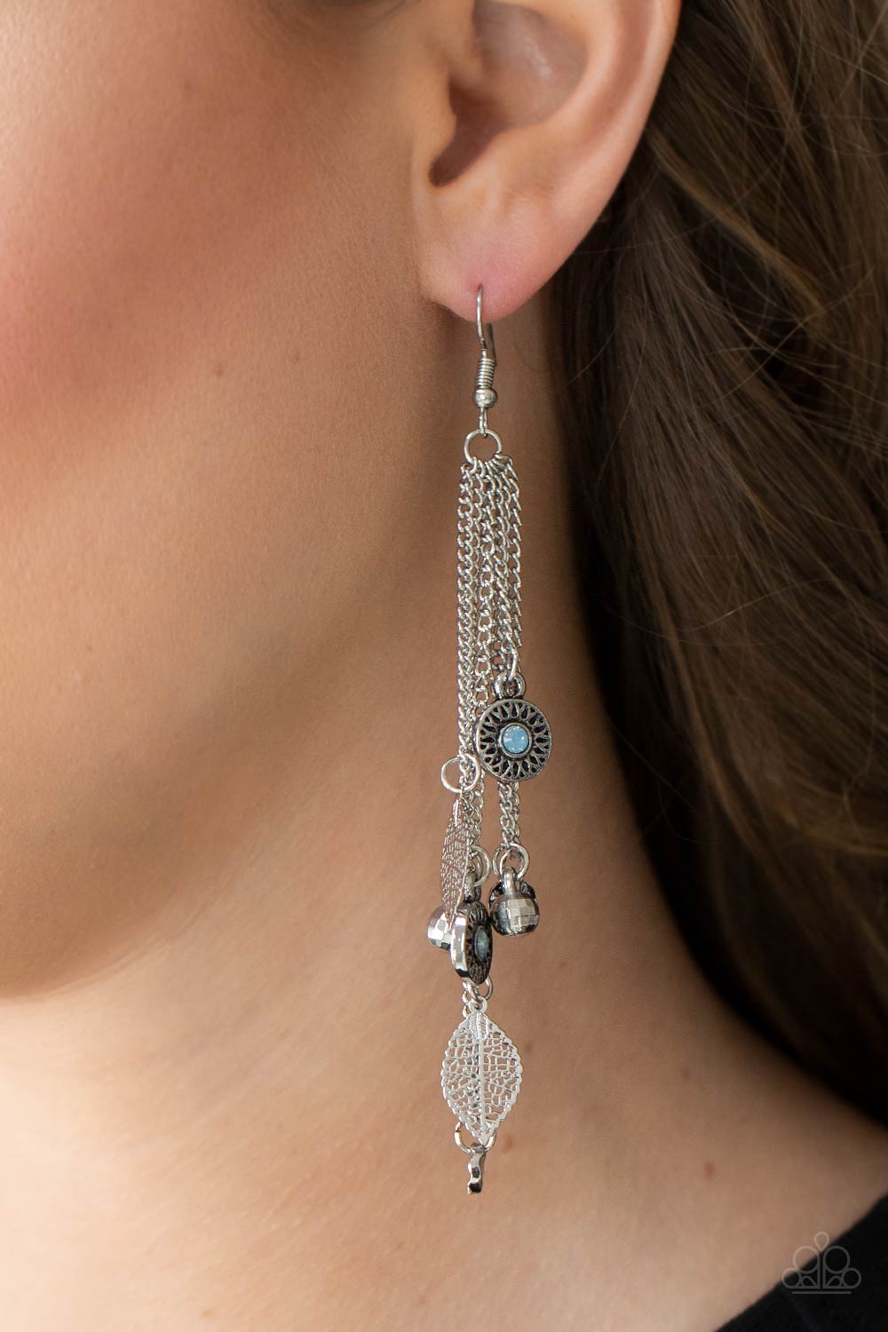 A NATURAL CHARMER - BLUE OPALESCENT SILVER TASSEL LEAVES BEADS EARRINGS