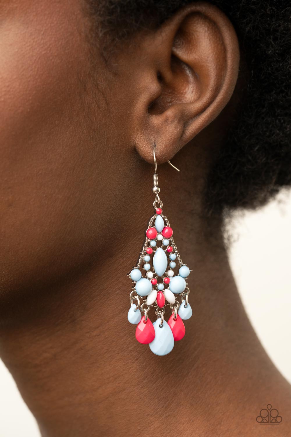 STAYCATION HOME - MULTI BLUE HOT PINK TEARDROP BEADS CHANDELIER EARRINGS
