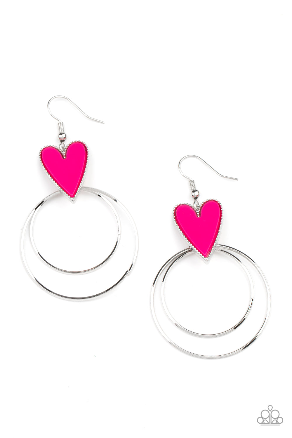 HAPPILY EVER HEARTS - PINK HOT PINK ENAMEL HEART DOUBLE SILVER HOOP EARRINGS
