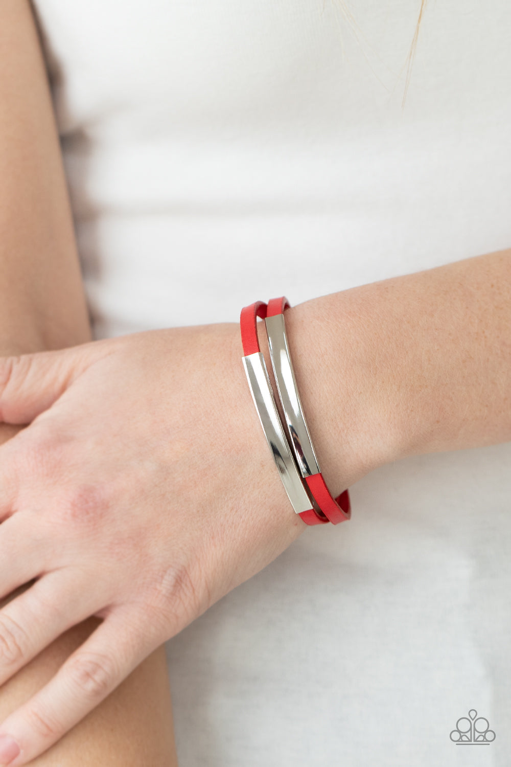 DANGEROUSLY DIVINE - RED LEATHER SILVER BARS MAGNETIC BRACELET