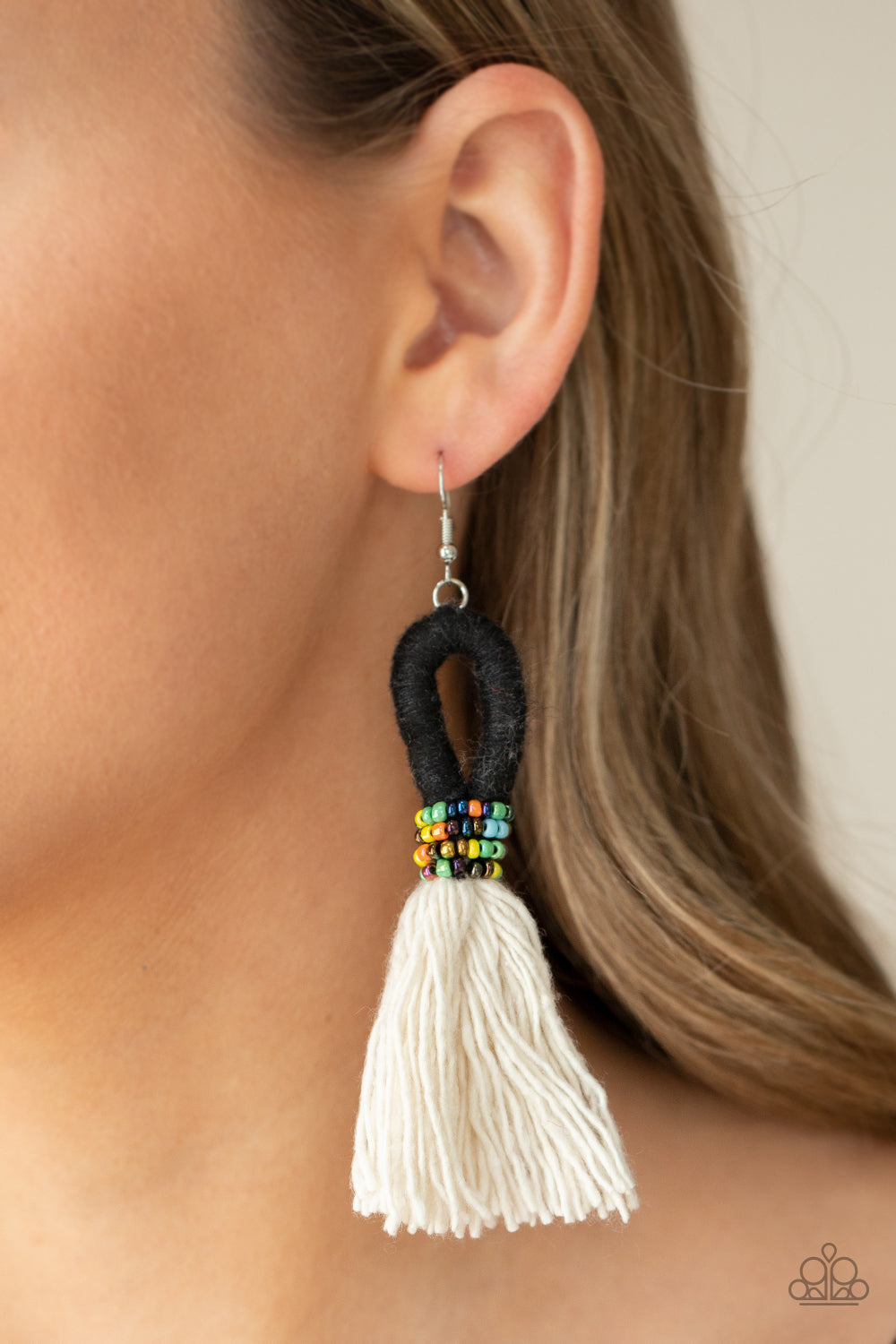 THE DUSTUP - BLACK THREAD LOOP WHITE FRINGE OIL SPILL IRIDESCENT SEEDBEAD EARRINGS