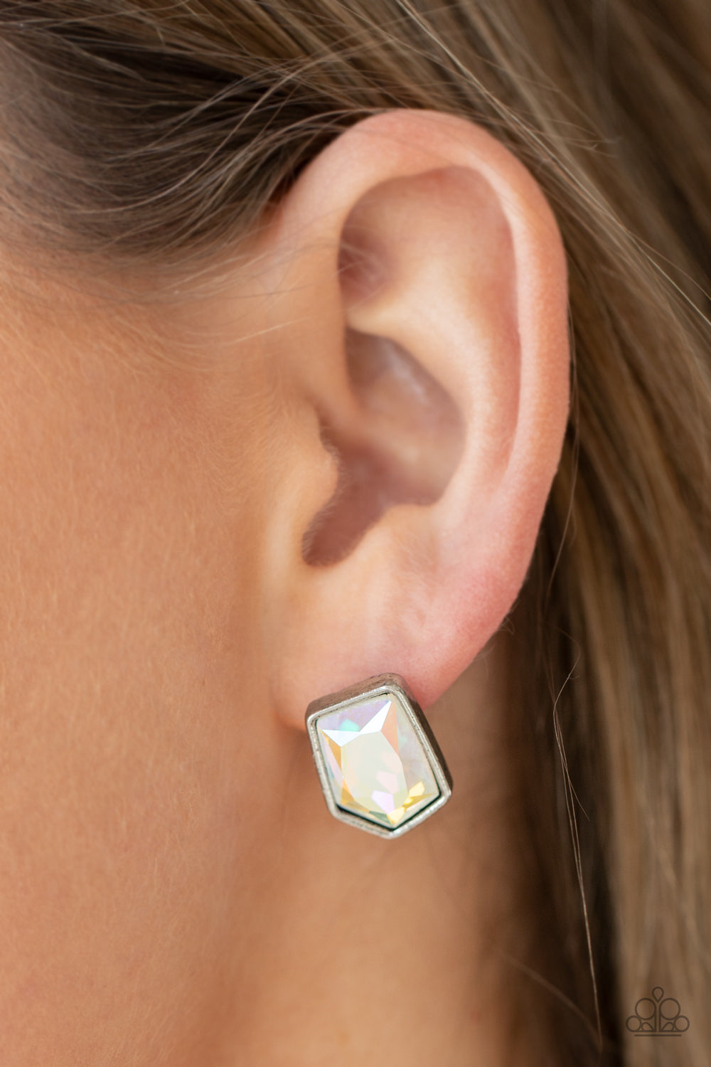INDULGE ME - MULTI IRIDESCENT OIL SPILL GEOMETRIC ASYMETRICAL POST EARRINGS