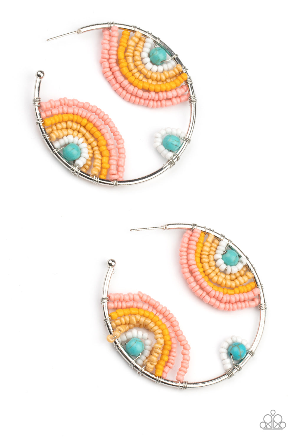 RAINBOW HORIZONS - MULTI BLUE WHITE YELLOW ORANGE PINK SEEDBEAD SILVER HOOP EARRINGS