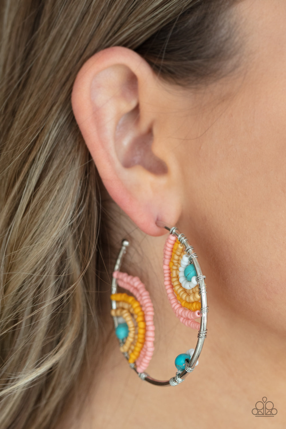RAINBOW HORIZONS - MULTI BLUE WHITE YELLOW ORANGE PINK SEEDBEAD SILVER HOOP EARRINGS