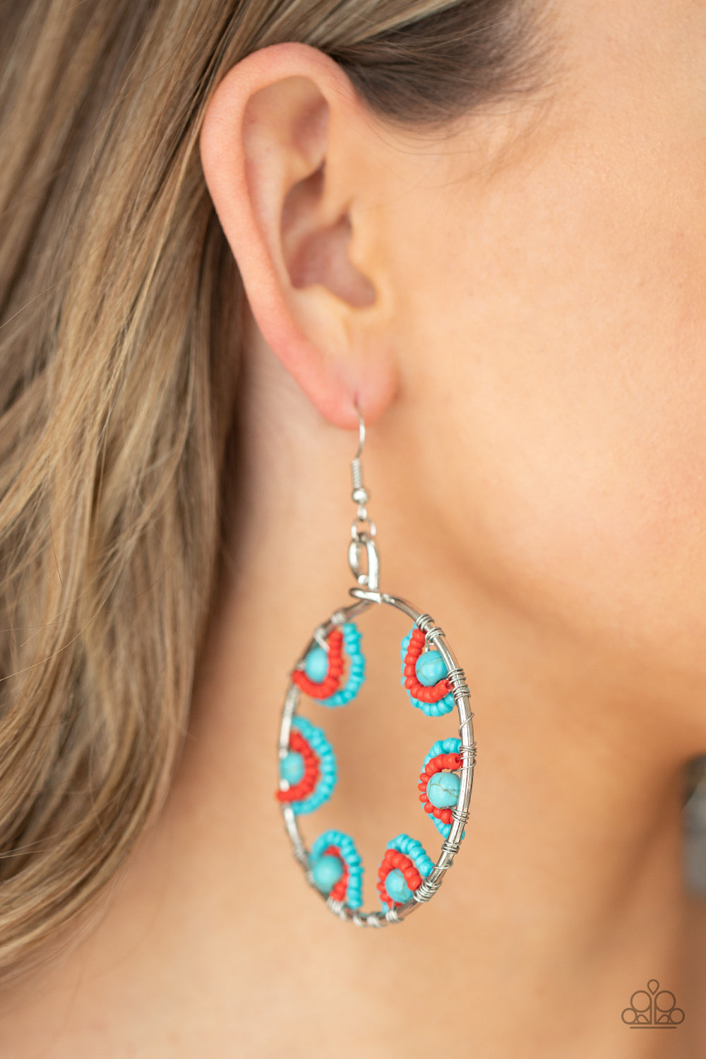 OFF THE RIM - BLUE RED SEED BEAD SILVER CIRCLE HOOP EARRINGS
