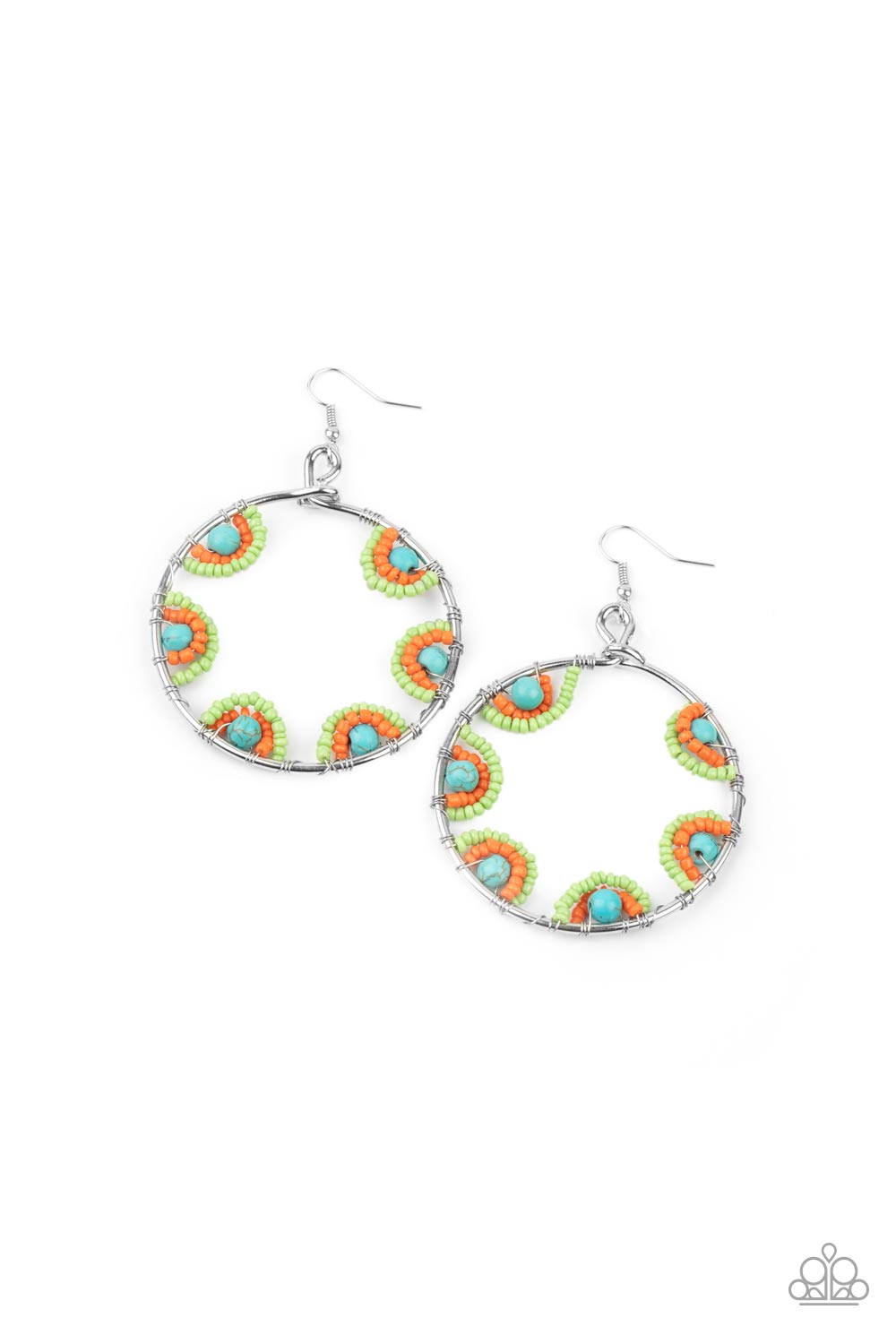 OFF THE RIM - MULTI GREEN ORANGE BLUE SEED BEAD SILVER CIRCLE HOOP EARRINGS