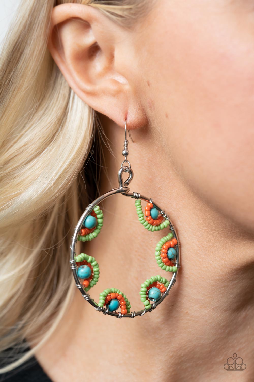 OFF THE RIM - MULTI GREEN ORANGE BLUE SEED BEAD SILVER CIRCLE HOOP EARRINGS