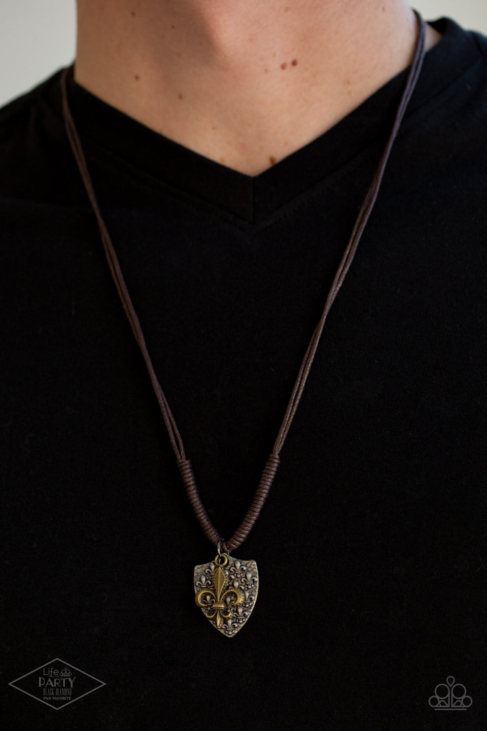SHIELDED SIMPLICITY - BRASS SILVER FLEUR DE LIS LEATHER MENS UNISEX URBAN NECKLACE