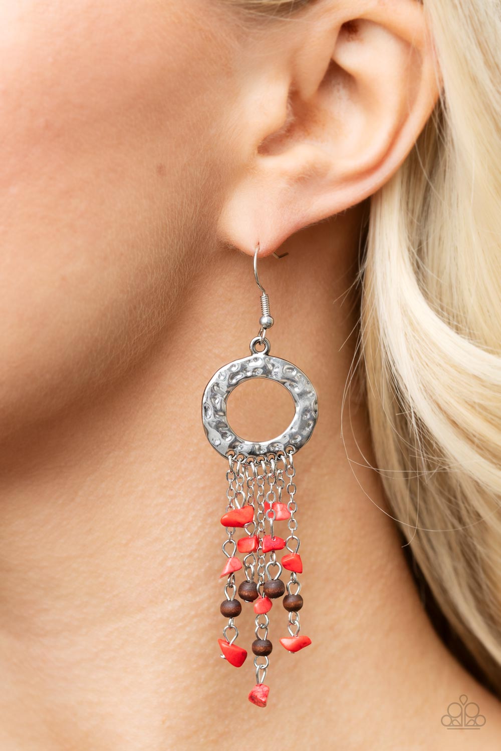 PRIMAL PRESTIGE - RED ROCK TURQUOISE AND WOOD TASSEL SILVER EARRINGS