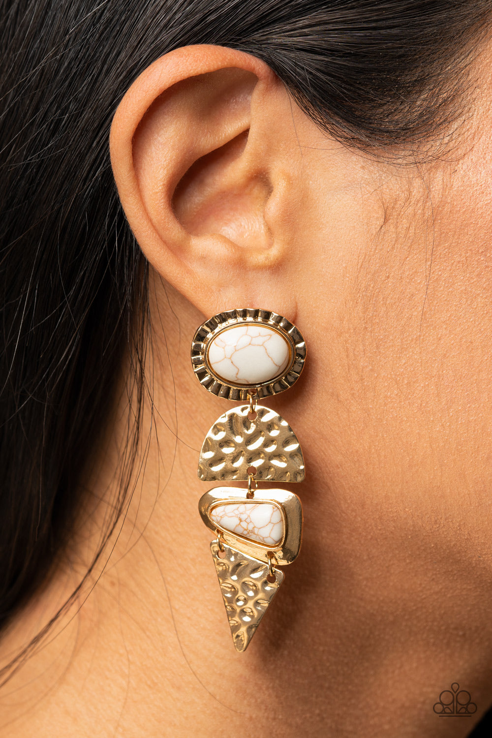 EARTHY EXTRAVAGANCE - GOLD WHITE TURQUOISE TEXTURED EARRINGS