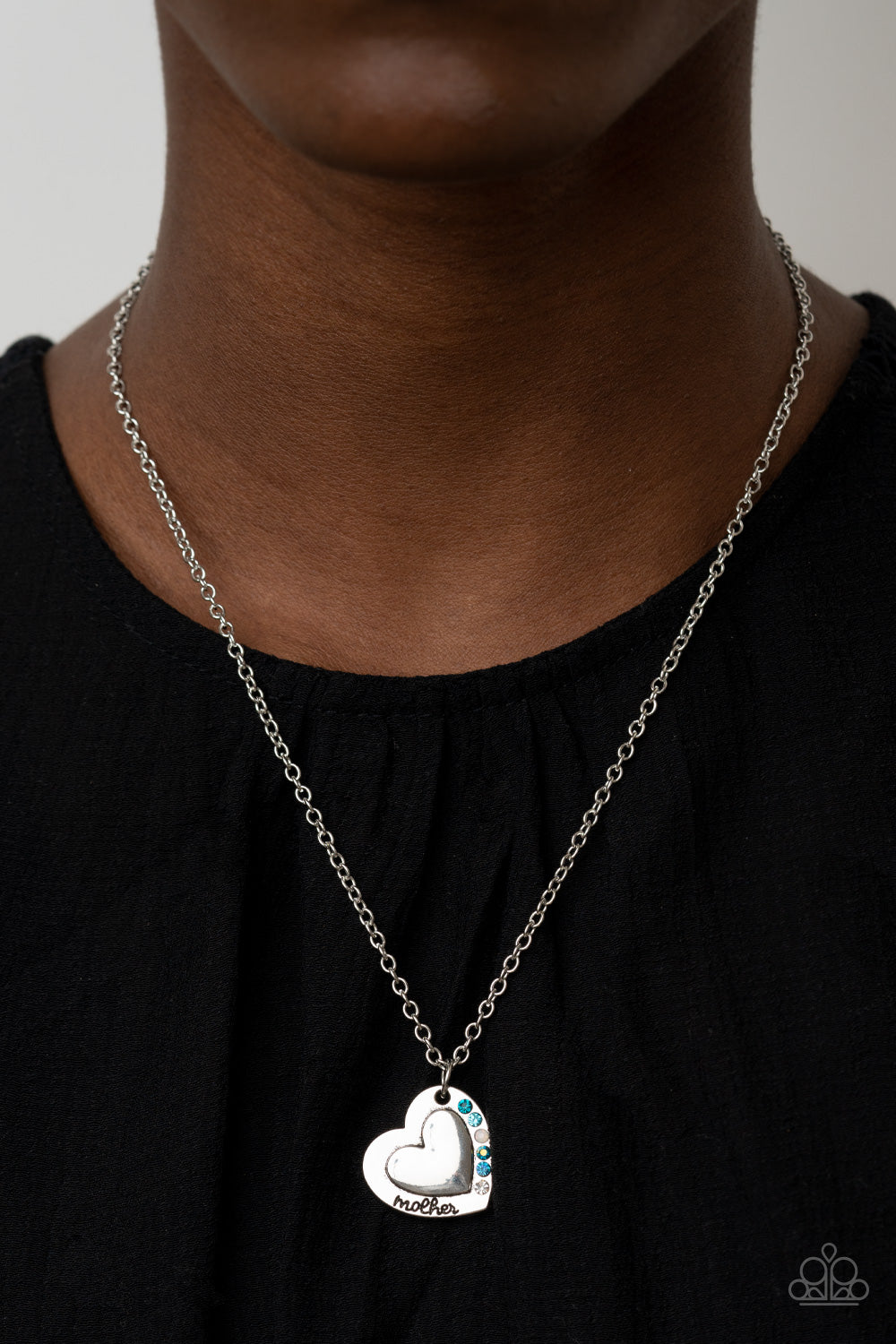 HAPPILY HEARTWARMING - BLUE IRIDESCENT OIL SPILL RHINESTONES SILVER HEART MOTHER NECKLACE