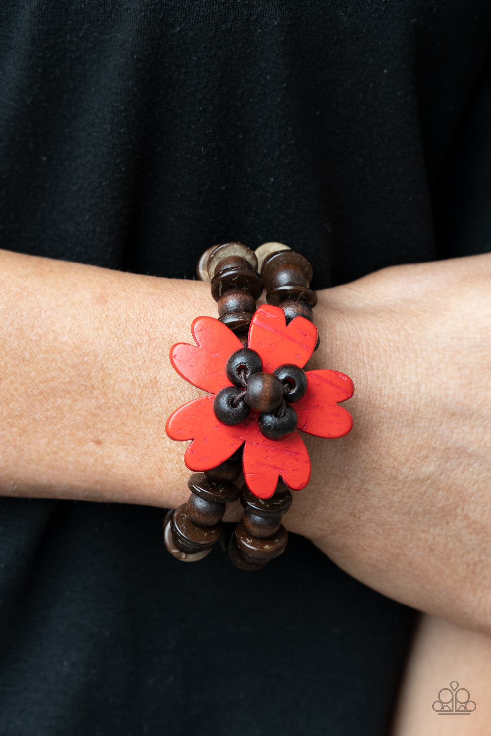 TROPICAL FLAVOR - RED FLOWER BROWN WOODEN STRETCH BRACELET