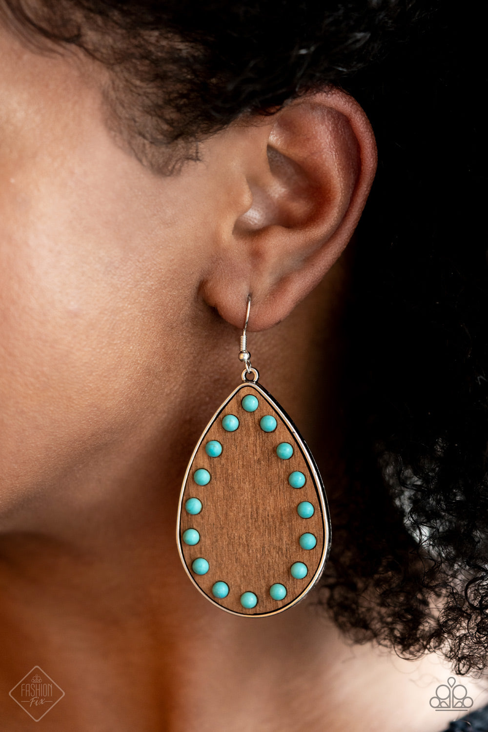 RUSTIC REFUGE - BLUE TURQUOISE WOODEN TEARDROP PENDANT FASHION FIX EARRINGS