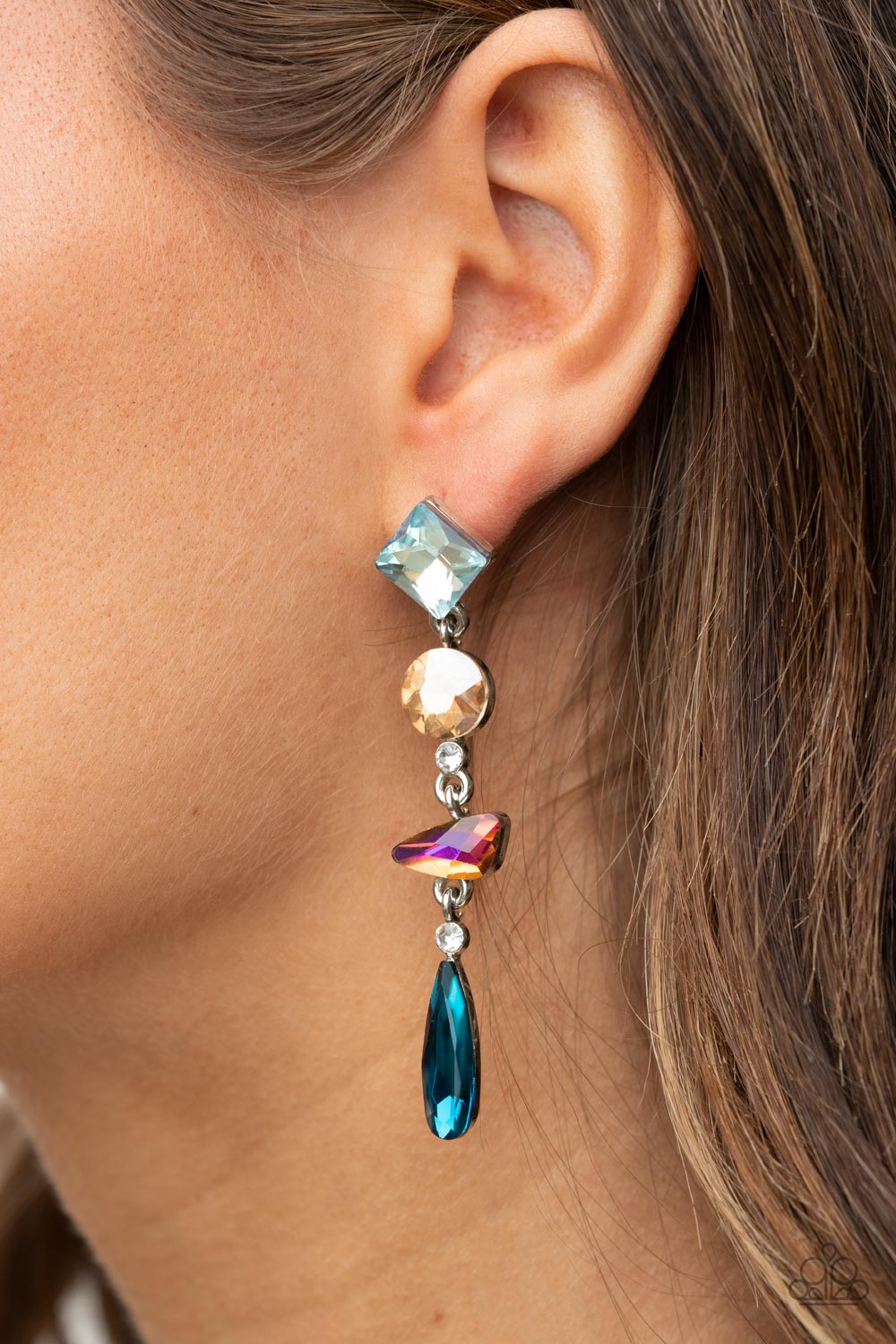 ROCK CANDY ELEGANCE - MULTI OIL SPILL IRIDESCENT BLUE PINK YELLOW RHINESTONES EARRINGS
