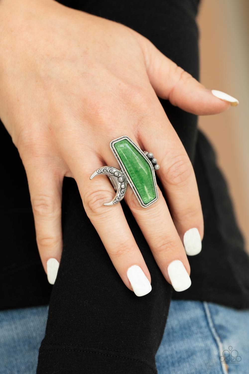 COSMIC KARMA - GREEN STONE CRESCENT MOON RING