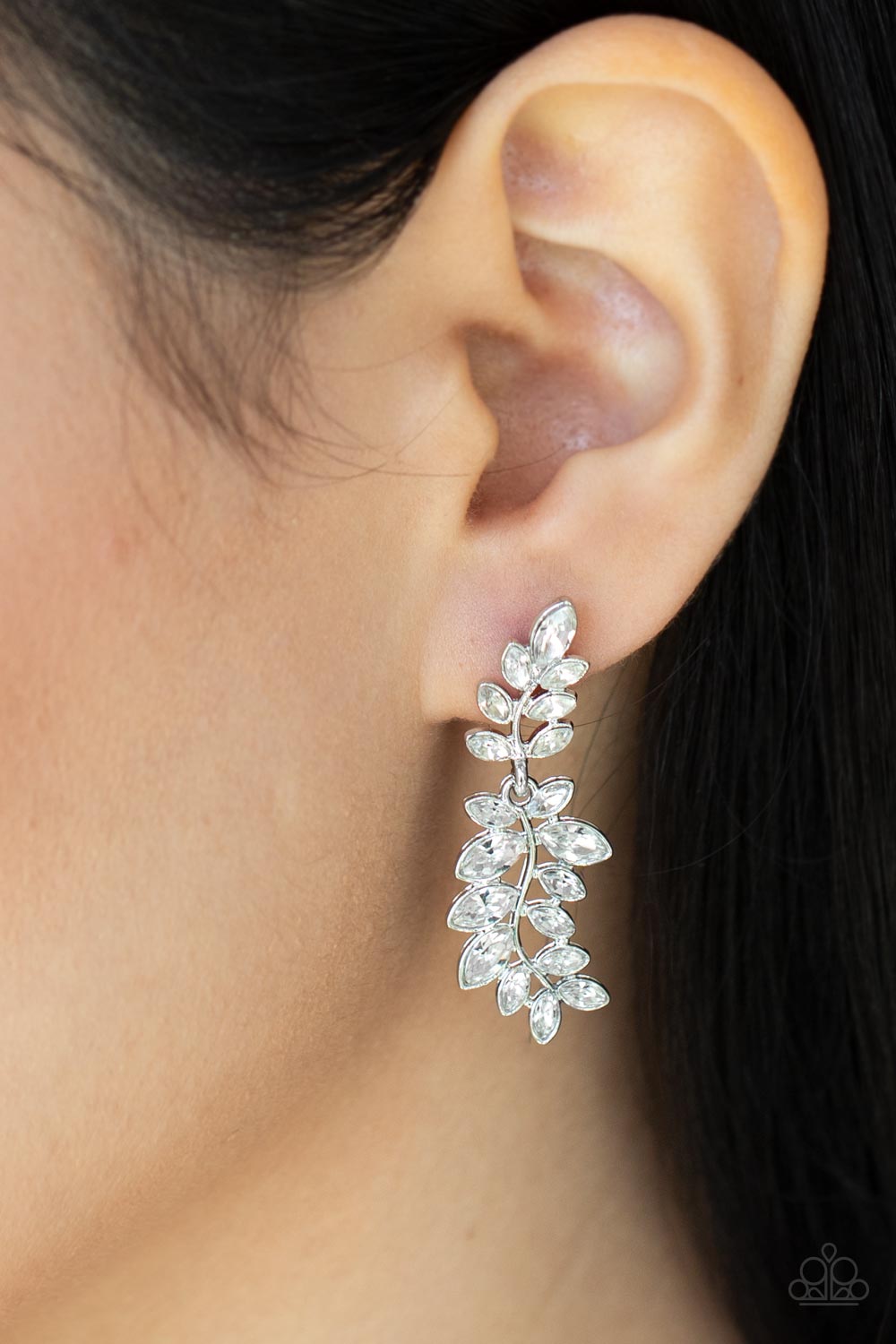 FROND FAIRYTALE - WHITE CLEAR RHINESTONES BRANCHES LEAVES POST EARRINGS