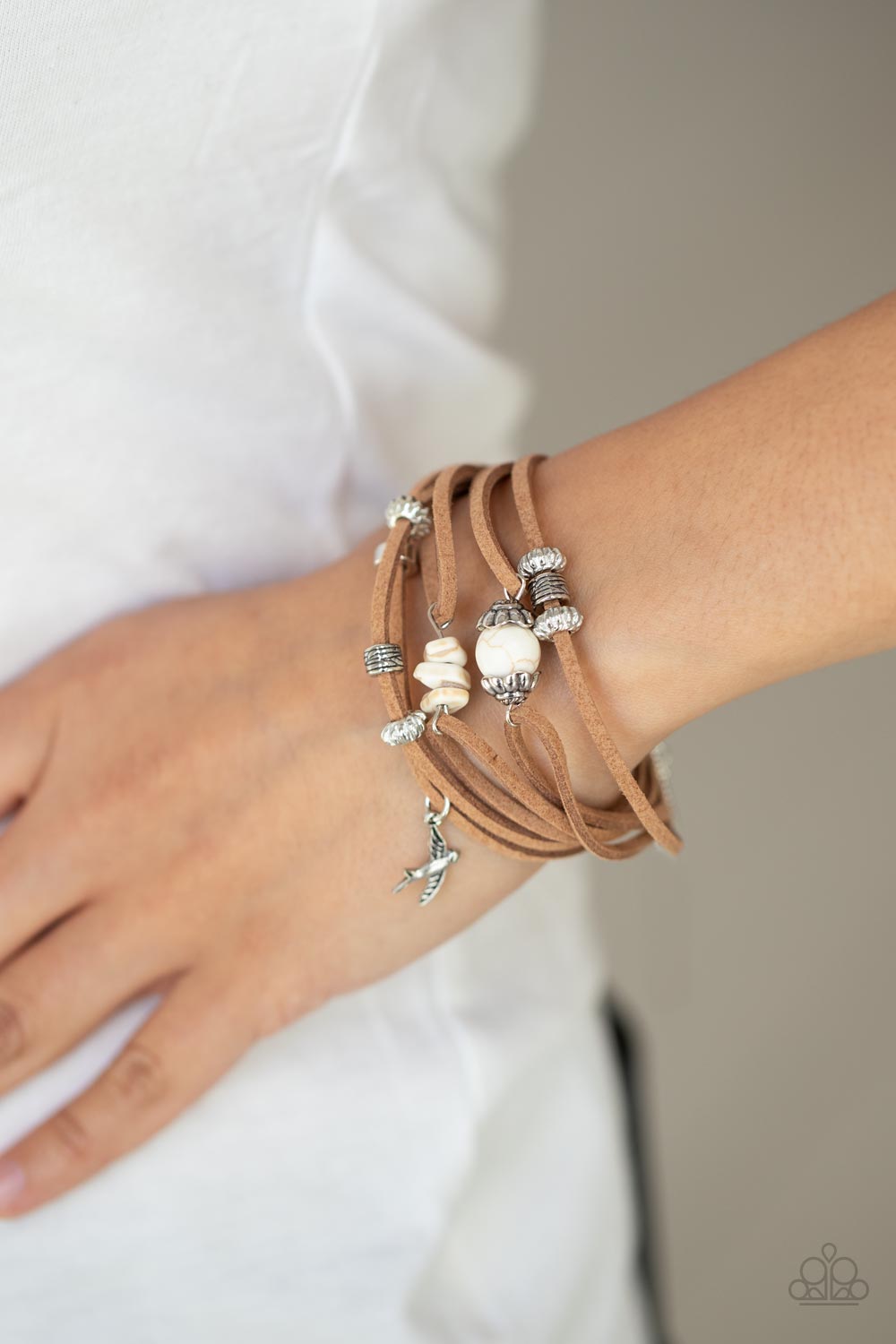 CANYON FLIGHT - WHITE SAND STONE LEATHER SUEDE DOVE BIRD CHARM BRACELET