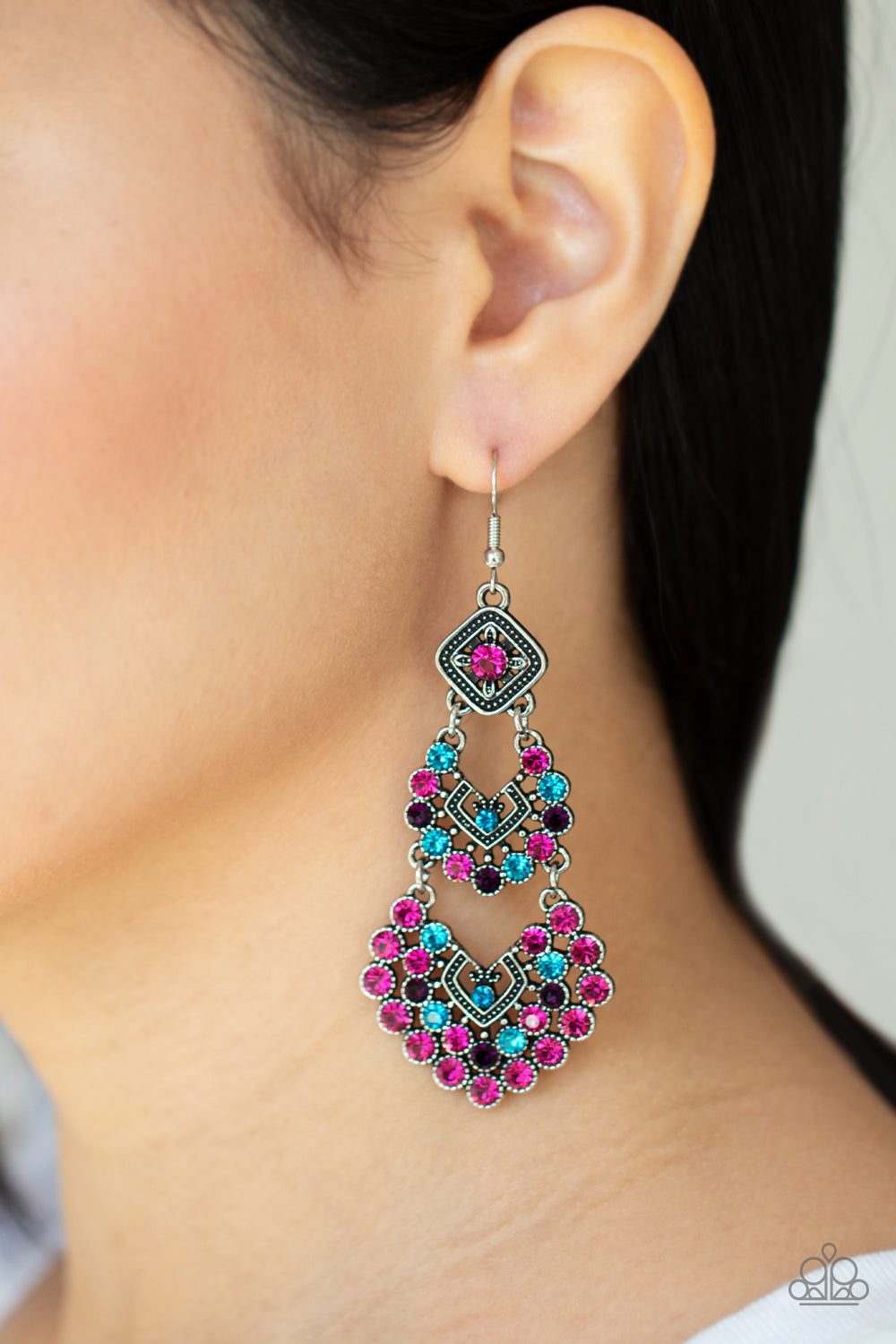 ALL FOR THE GLAM - MULTI BLUE PINK PURPLE RHINESTONE HINGED CHANDELIER EARRINGS