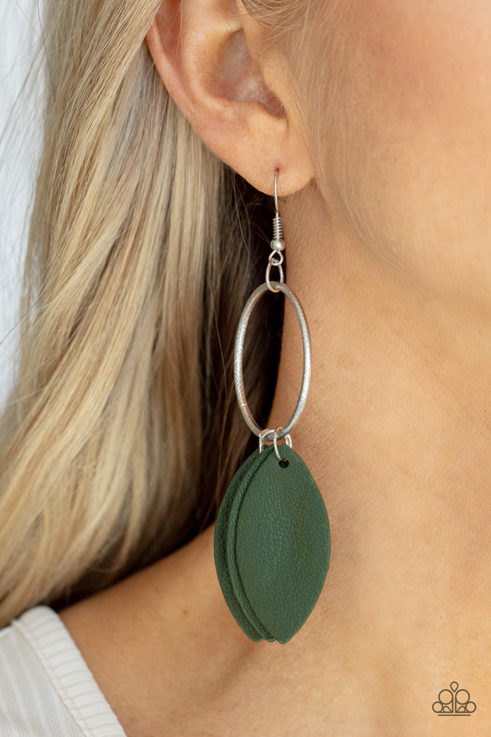 LEAFY LAGUNA - GREEN LEATHER LEAVES SILVER WIRE EARRINGS