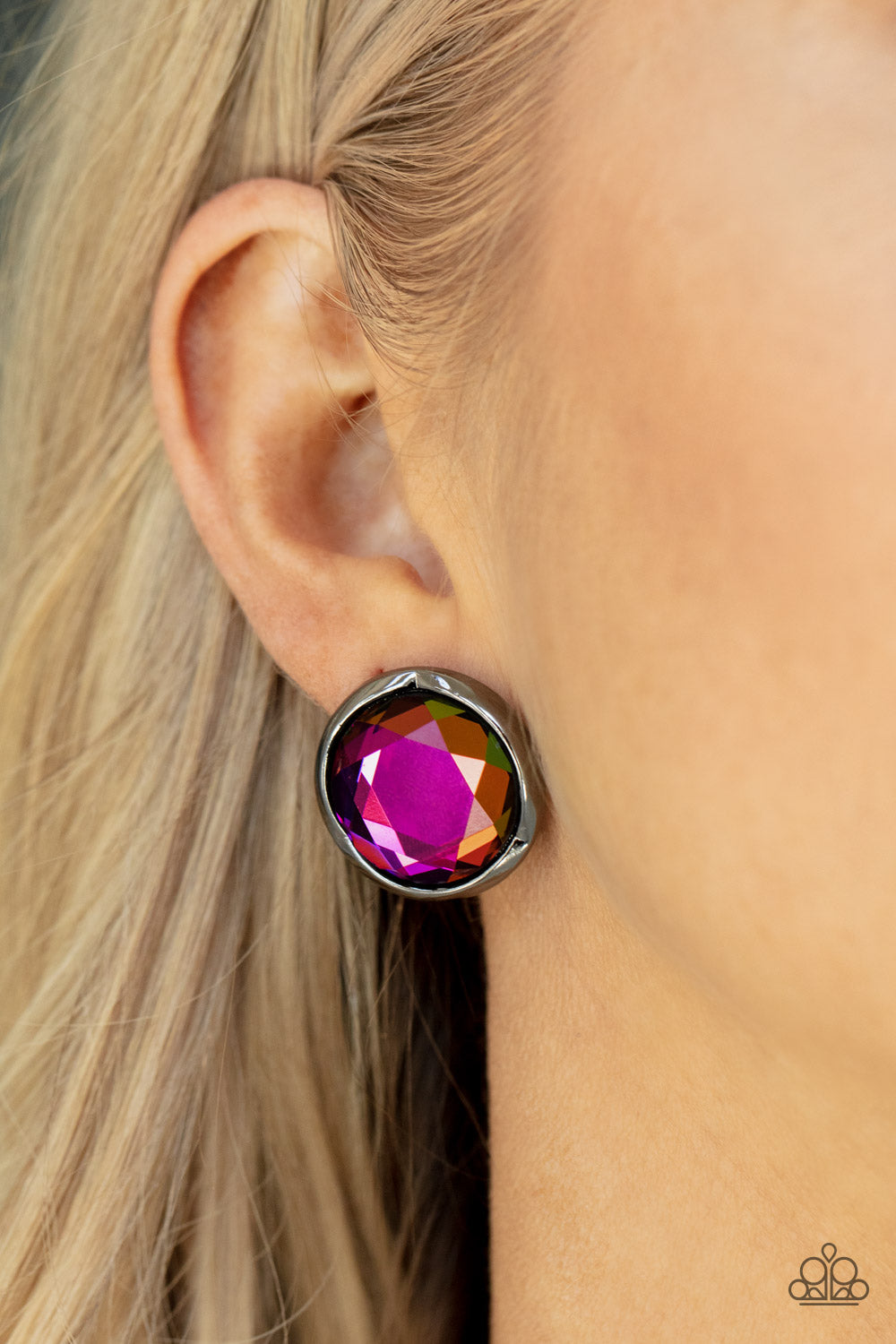 DOUBLE-TAKE TWINKLE - MULTI OIL SPILL IRIDESCENT PINK PURPLE GUNMETAL POST EARRINGS