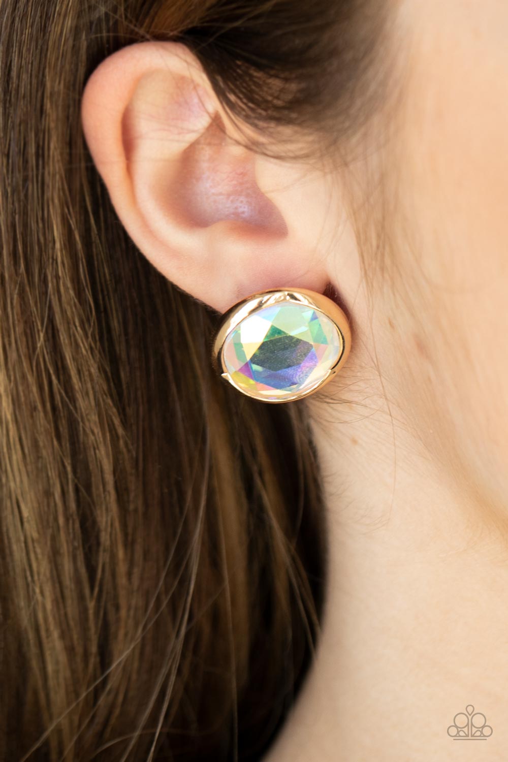 DOUBLE-TAKE TWINKLE - GOLD IRIDESCENT OIL SPILL ROUND POST EARRINGS